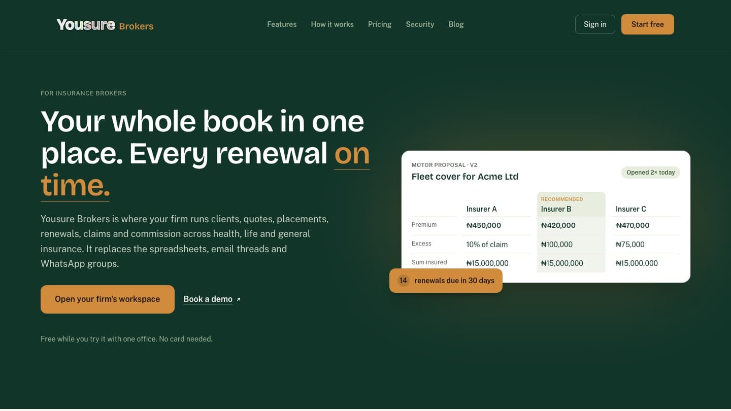 Yousure Brokers, the SaaS workspace for insurance brokers at brokers.yousure.ng